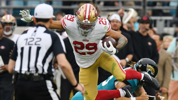 Jacksonville Jaguars quarterback Trevor Lawrence (16) tries to make the stop on San Francisco 49ers safety Talanoa Hufanga (29) after Hufanga intercepted a Lawrence pass early in the third quarter. The Jacksonville Jaguars hosted the San Francisco 49ers at EverBank Stadium in Jacksonville, FL Sunday, November 12, 2023. The Jaguars trailed 13 to 3 at the half and fell to the 49ers with a final score of 34 to 3. [Bob Self/Florida Times-Union]  